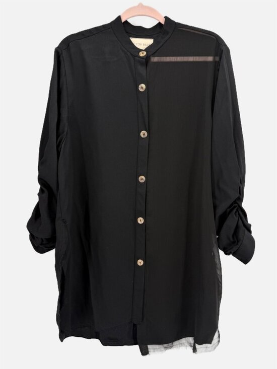 DELFINA BALDA Tops - DELFINA BALDA BLACK SHEER PANEL BUTTON DOWN LS SHIRT DISTRESSED L